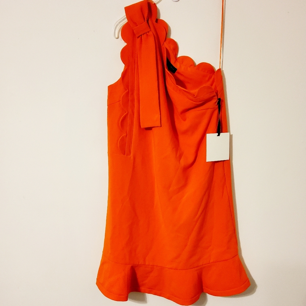 Victoria Beckham Orange One Shoulder Summer Party Dress with Scallop Hem Size S